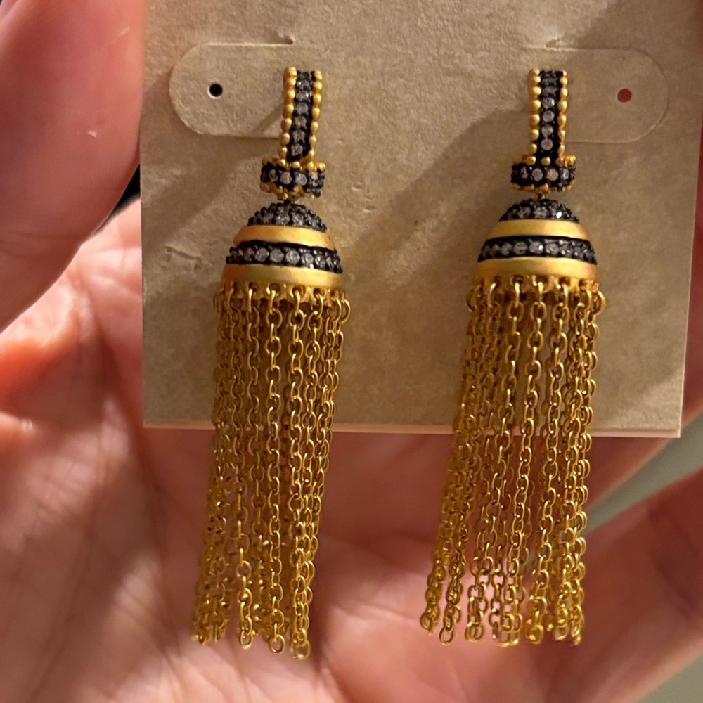 Chic Gold and Black Tassel Earrings 925 Freida Rothman Sterling Silver Pave